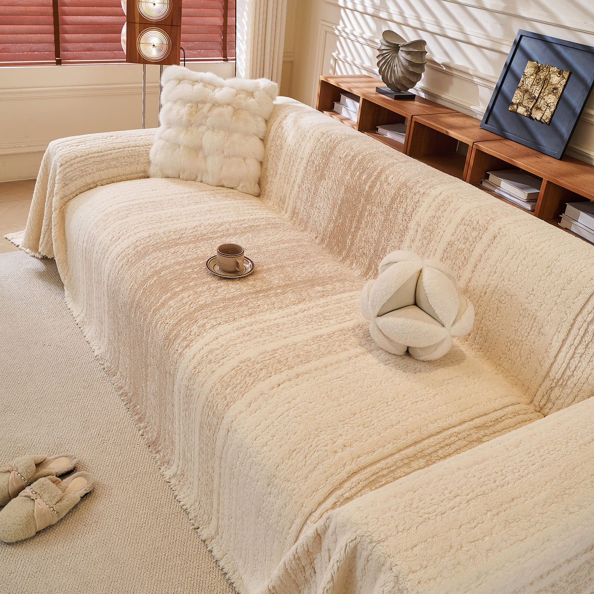 Abstract Textured Plush Sofa Throw Cover, Soft Cozy Couch Protector for Living Room