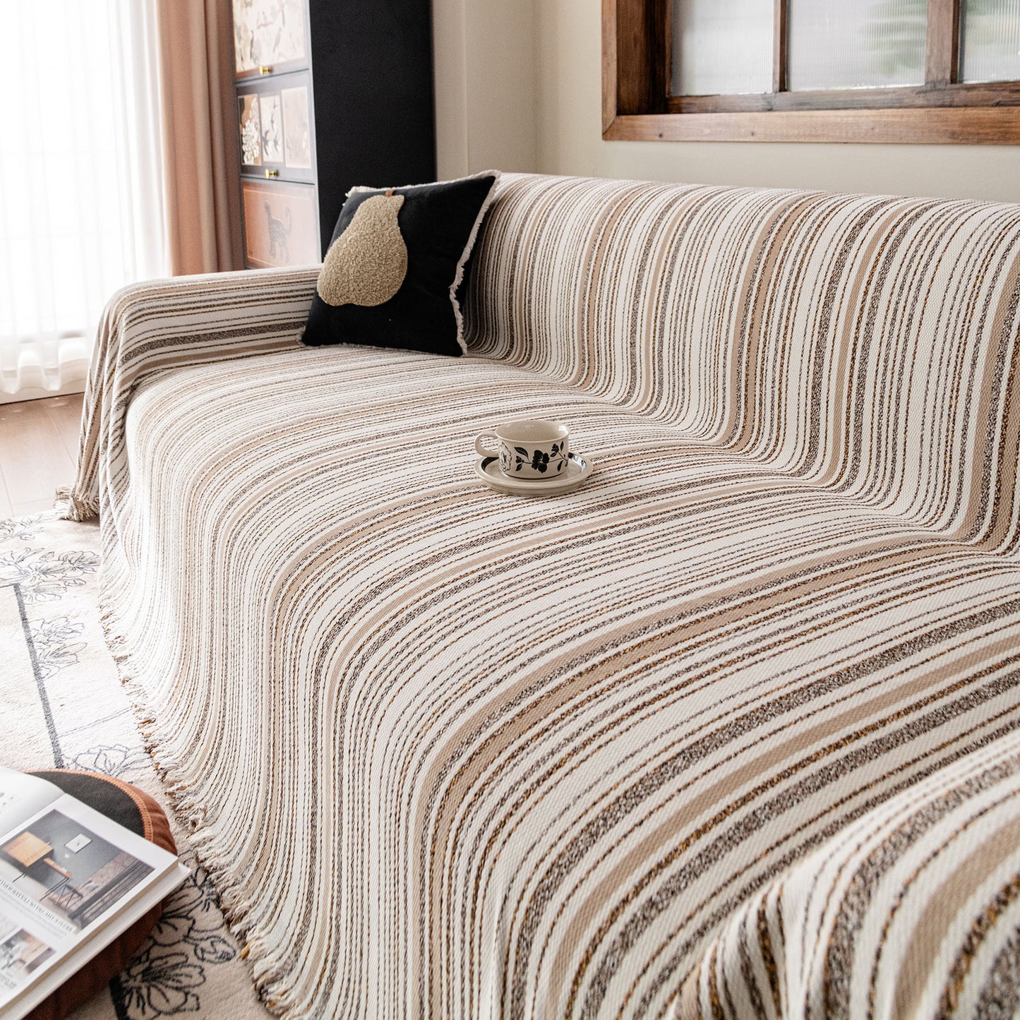 Luxury Cozy Chenille Sofa Cover Throw, Elegant Striped Soft Textured Couch Blanket
