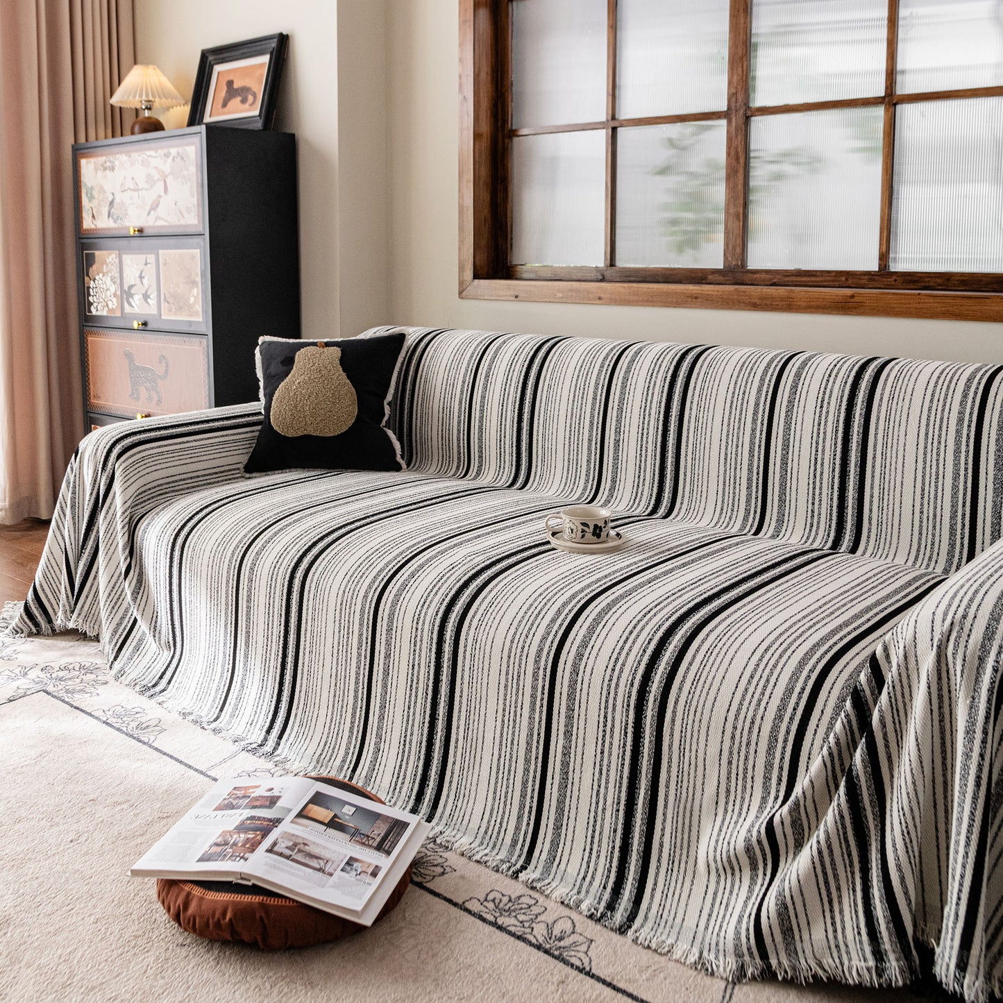 Luxury Cozy Chenille Sofa Cover Throw, Elegant Striped Soft Textured Couch Blanket