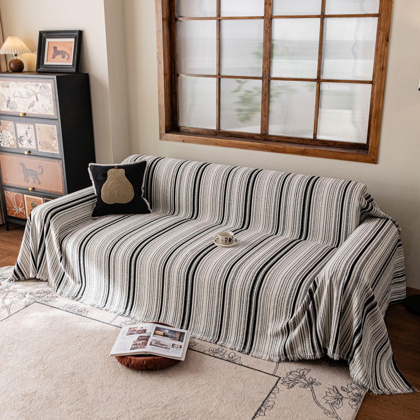 Luxury Cozy Chenille Sofa Cover Throw, Elegant Striped Soft Textured Couch Blanket