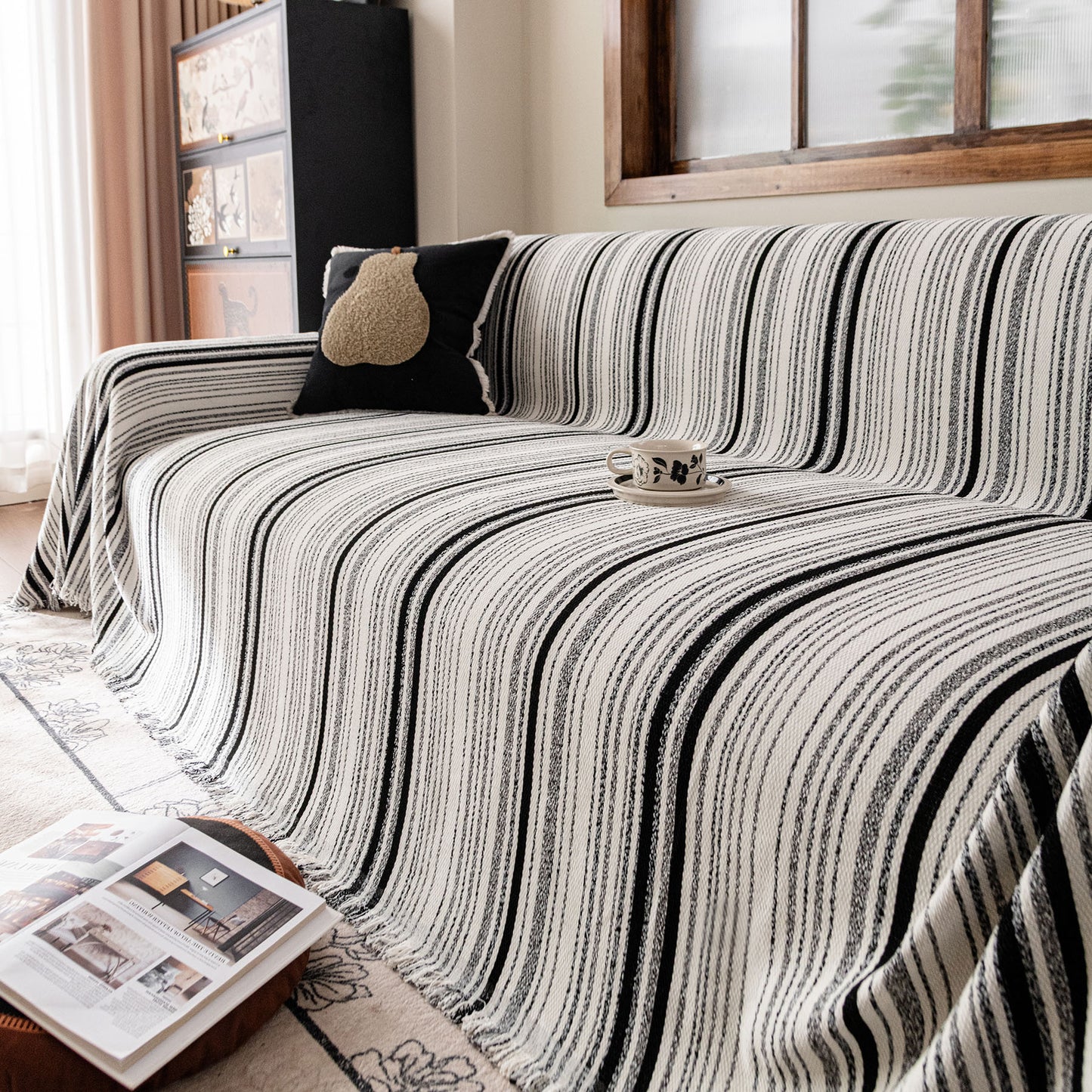Luxury Cozy Chenille Sofa Cover Throw, Elegant Striped Soft Textured Couch Blanket