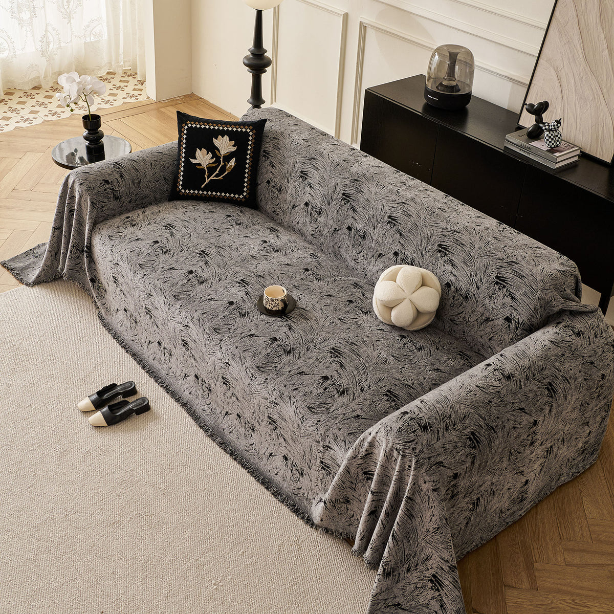 Abstract Feather Chenille Sofa Throw Cover, Decorative Washable Durable Couch Cover
