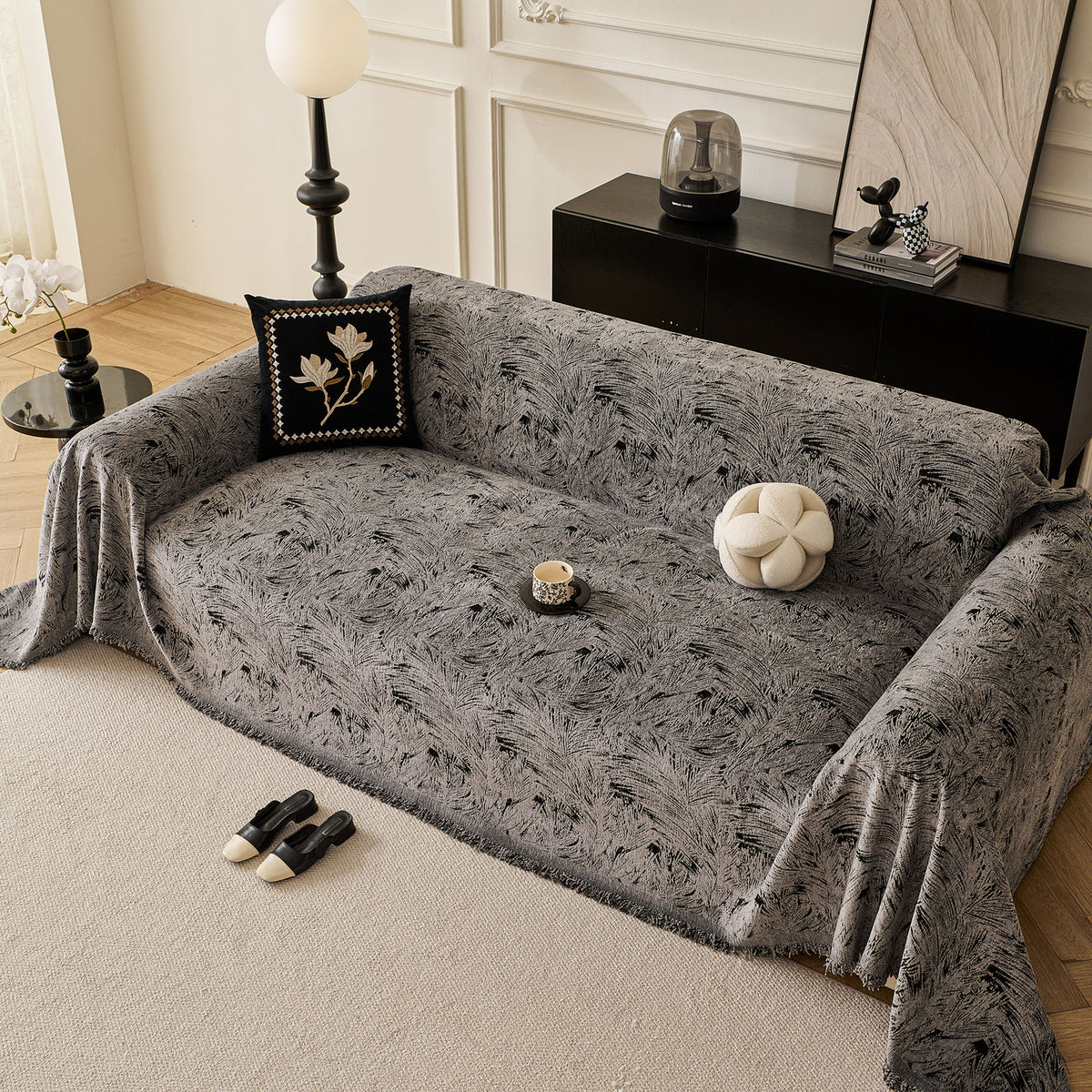 Abstract Feather Chenille Sofa Throw Cover, Decorative Washable Durable Couch Cover