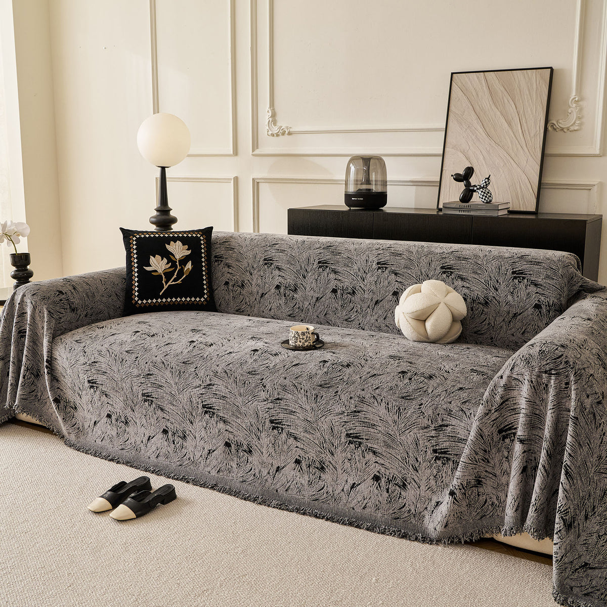 Abstract Feather Chenille Sofa Throw Cover, Decorative Washable Durable Couch Cover