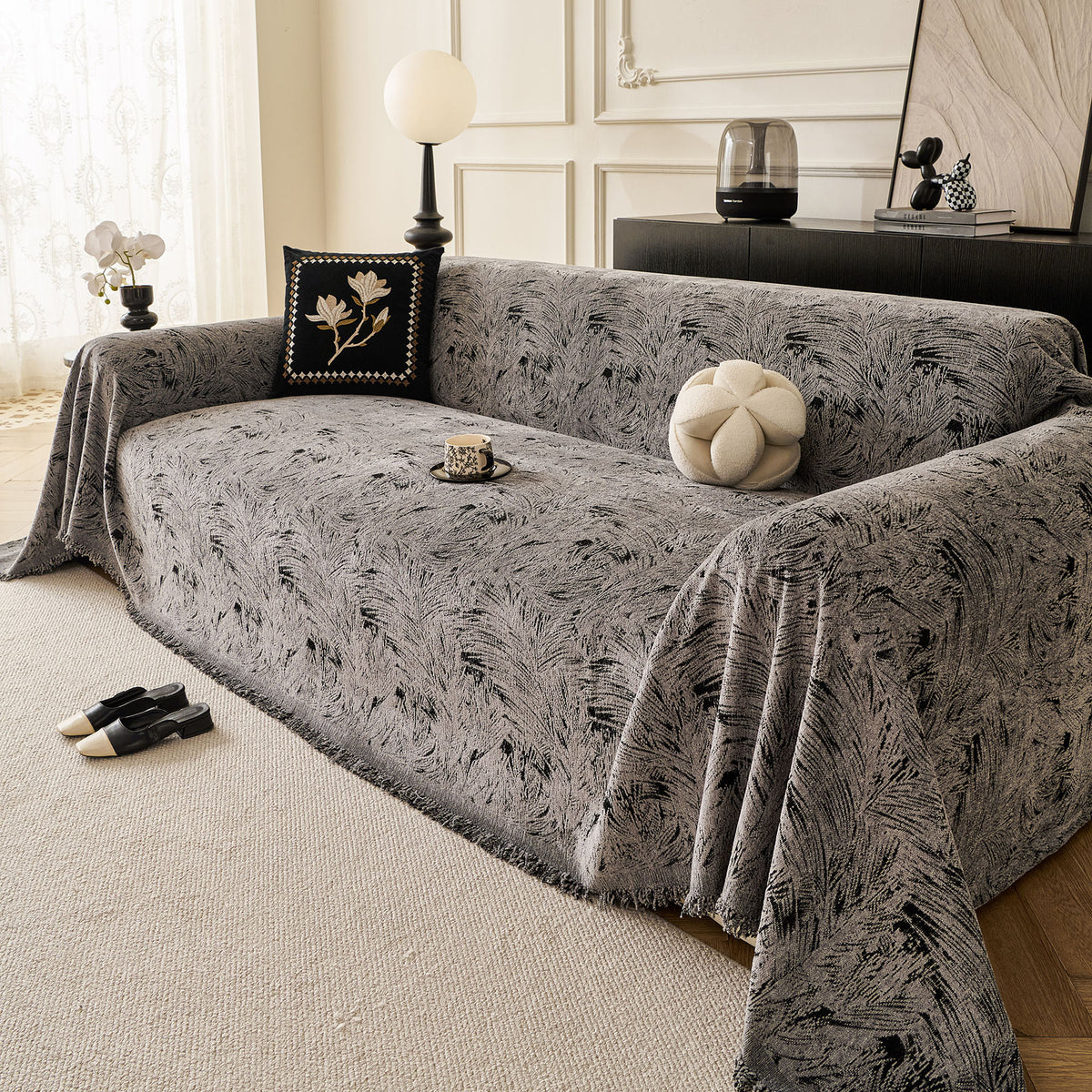 Abstract Feather Chenille Sofa Throw Cover, Decorative Washable Durable Couch Cover