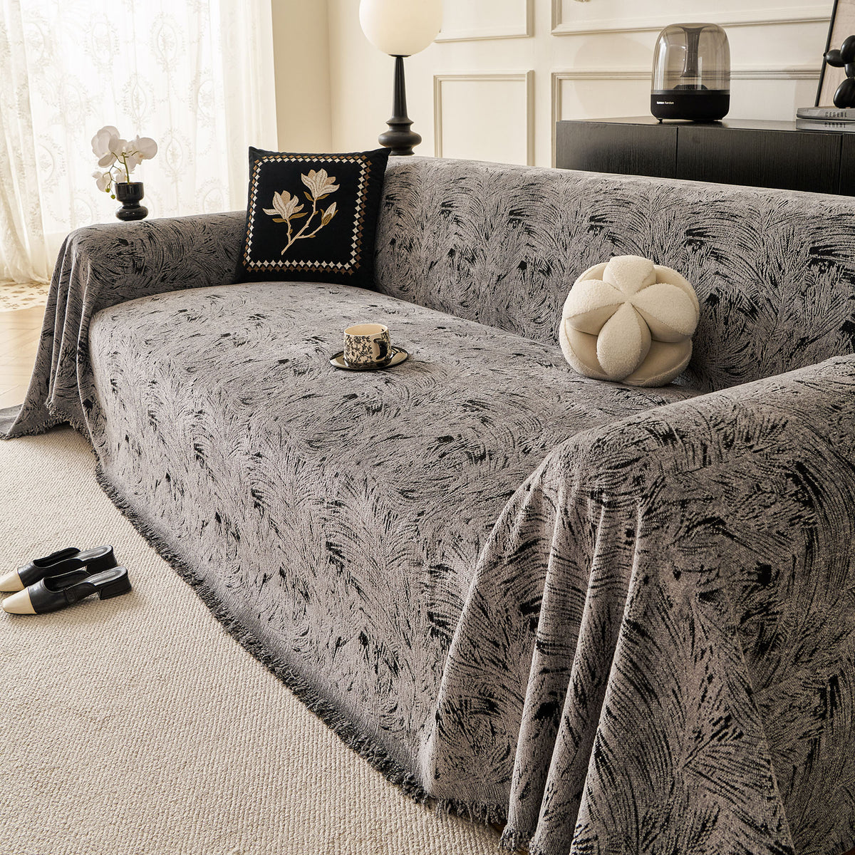 Abstract Feather Chenille Sofa Throw Cover, Decorative Washable Durable Couch Cover