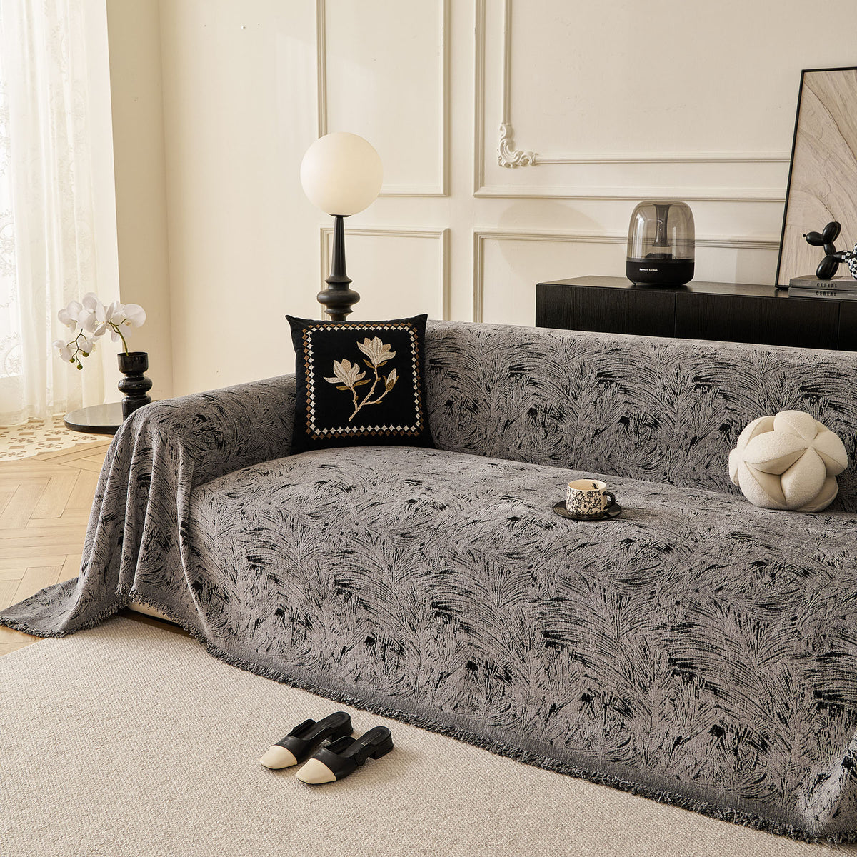 Abstract Feather Chenille Sofa Throw Cover, Decorative Washable Durable Couch Cover