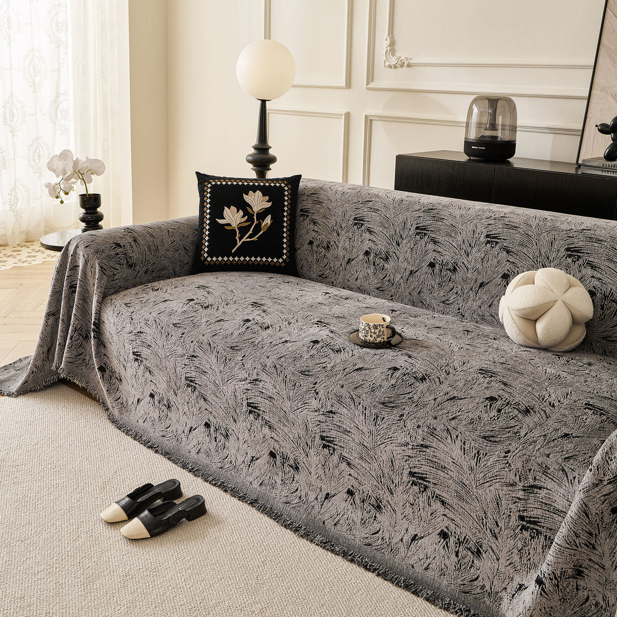 Abstract Feather Chenille Sofa Throw Cover, Decorative Washable Durable Couch Cover