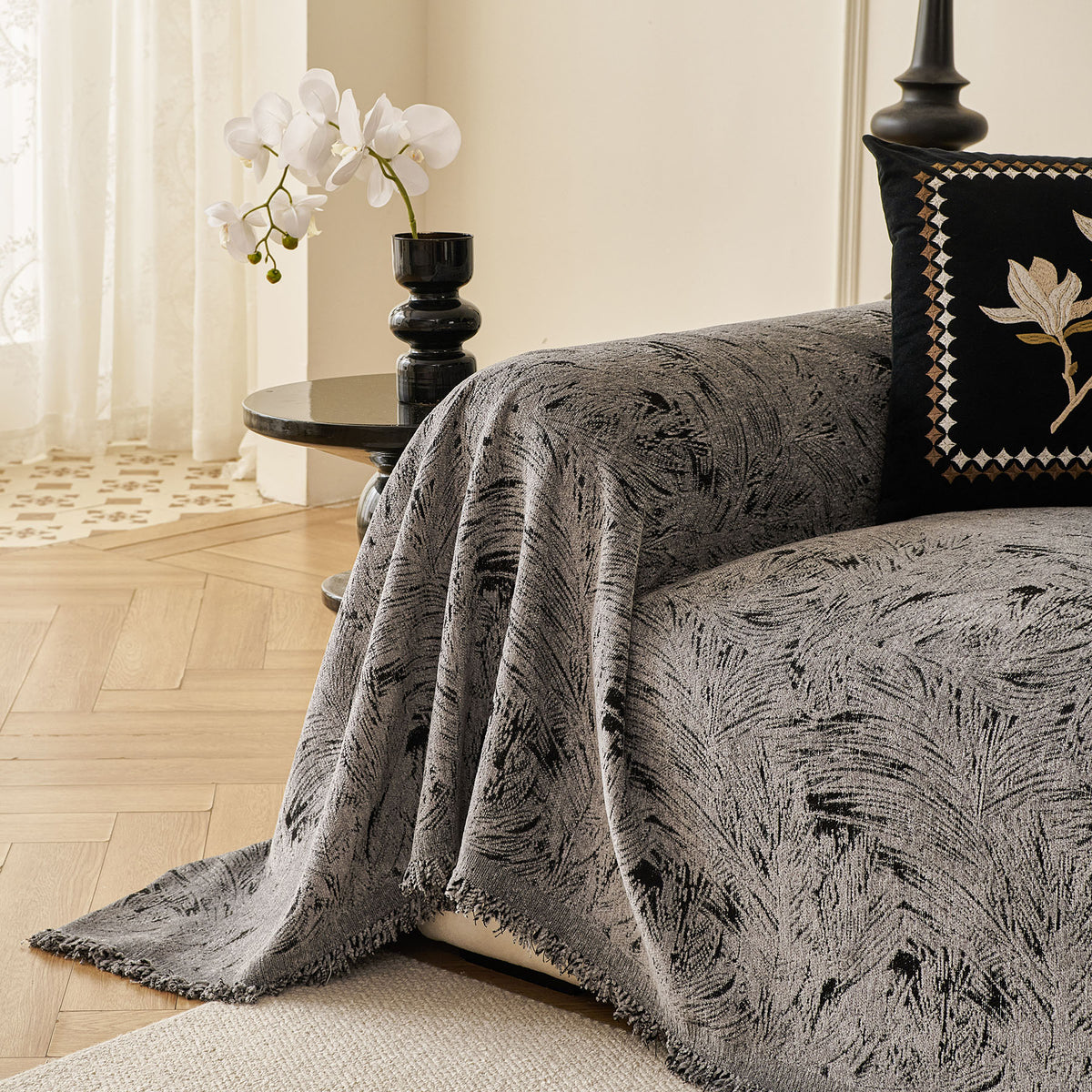 Abstract Feather Chenille Sofa Throw Cover, Decorative Washable Durable Couch Cover