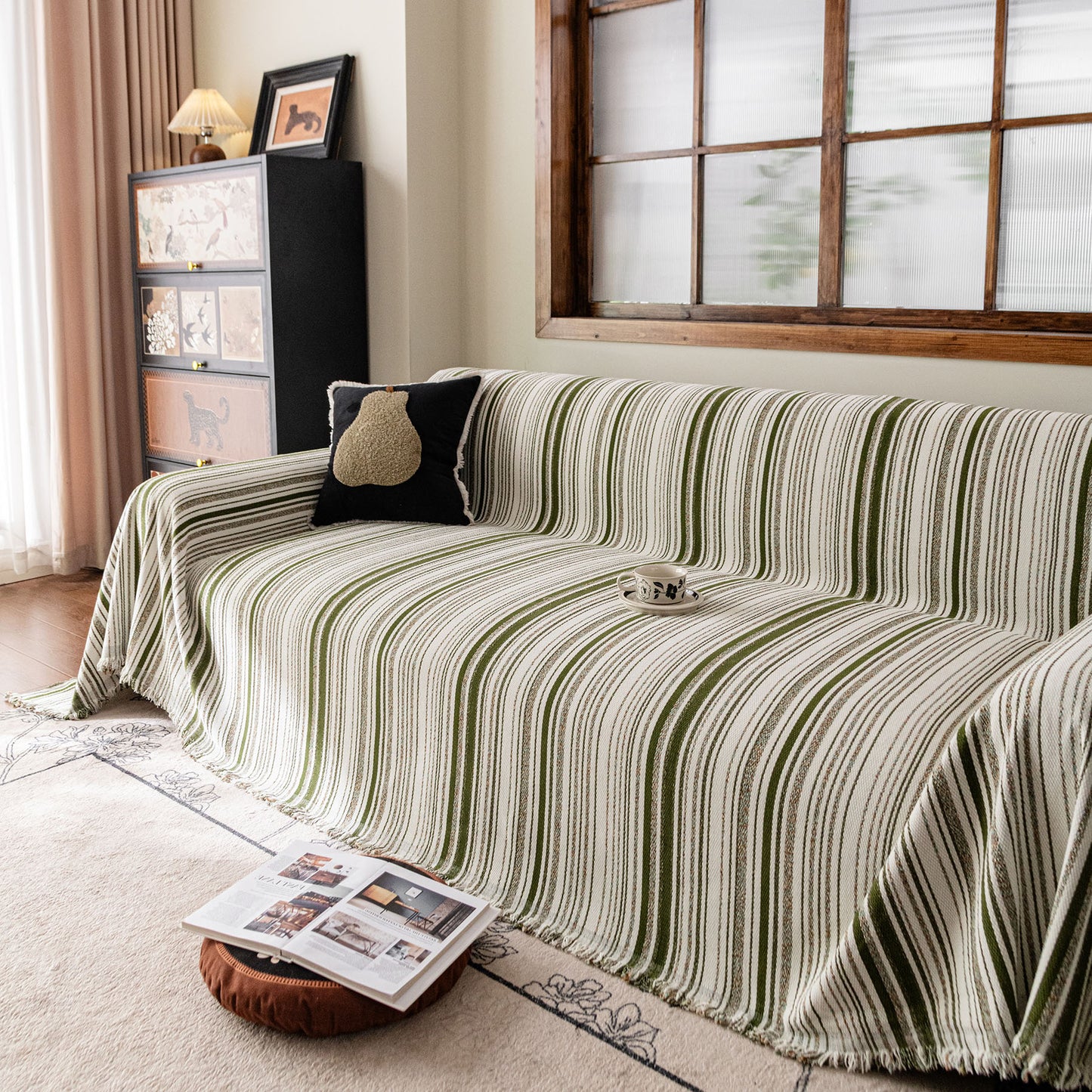 Luxury Cozy Chenille Sofa Cover Throw, Elegant Striped Soft Textured Couch Blanket
