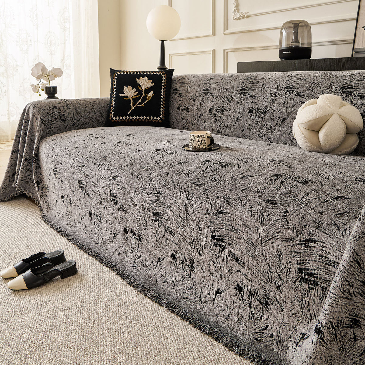 Abstract Feather Chenille Sofa Throw Cover, Decorative Washable Durable Couch Cover