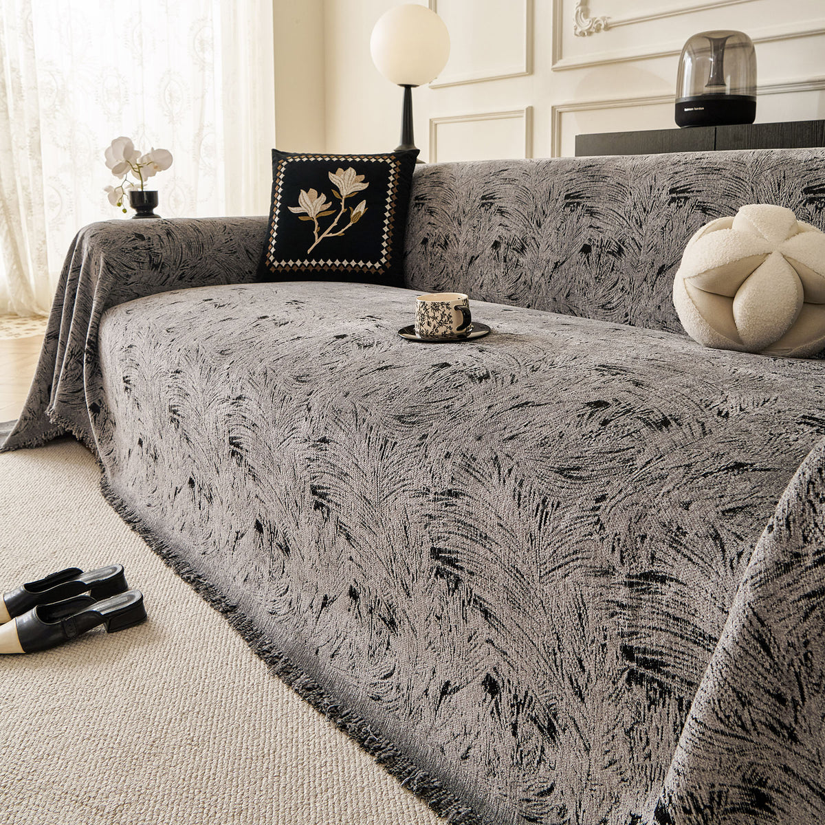 Abstract Feather Chenille Sofa Throw Cover, Decorative Washable Durable Couch Cover