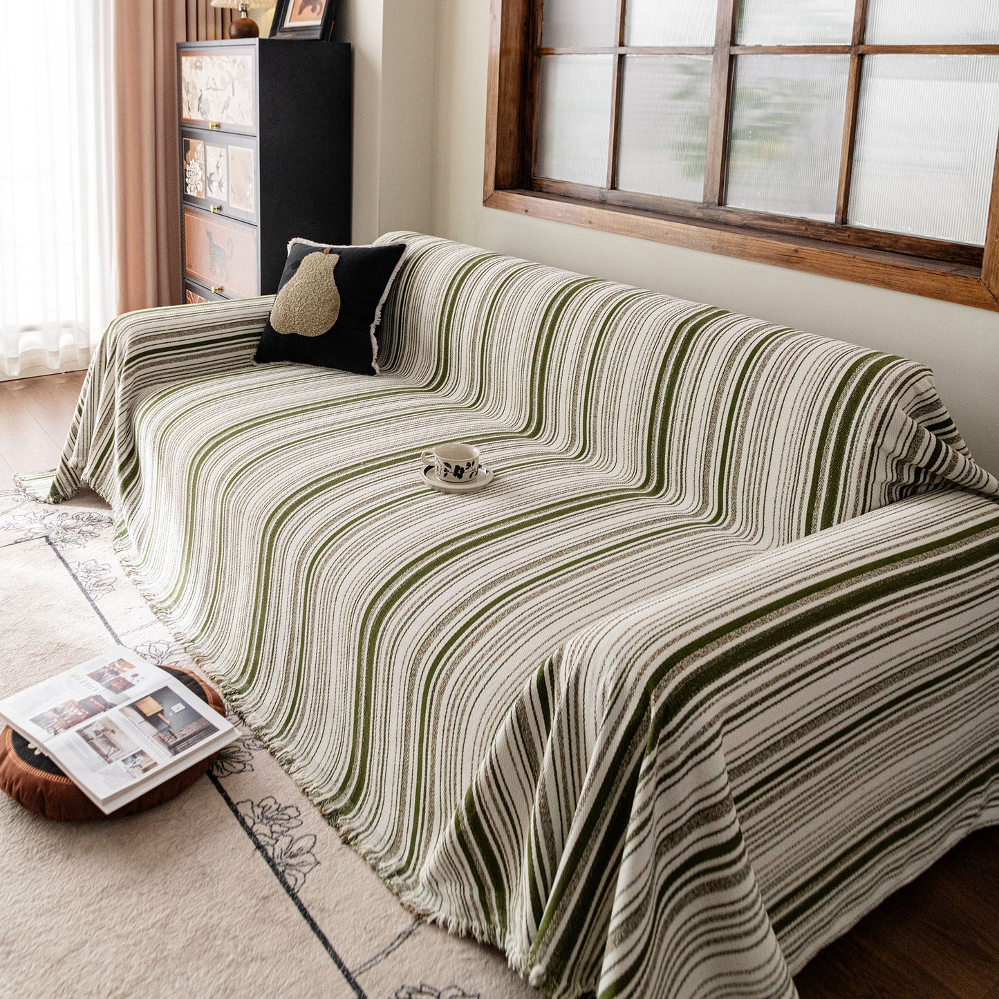 Luxury Cozy Chenille Sofa Cover Throw, Elegant Striped Soft Textured Couch Blanket