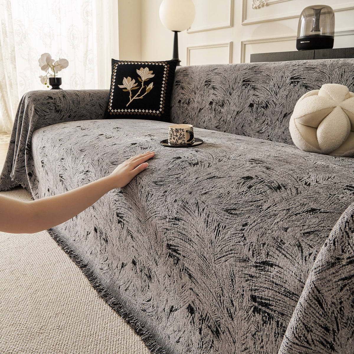 Abstract Feather Chenille Sofa Throw Cover, Decorative Washable Durable Couch Cover