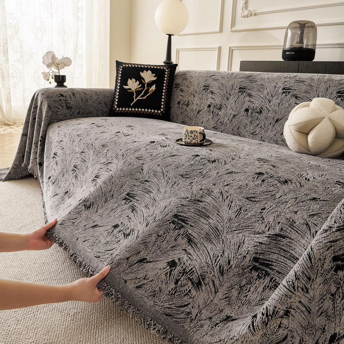 Abstract Feather Chenille Sofa Throw Cover, Decorative Washable Durable Couch Cover