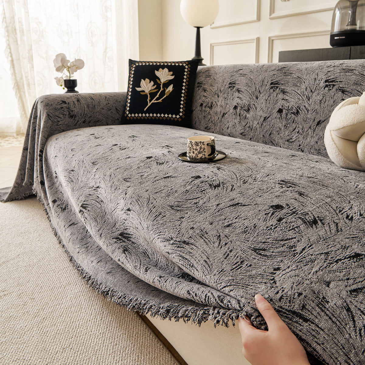 Abstract Feather Chenille Sofa Throw Cover, Decorative Washable Durable Couch Cover