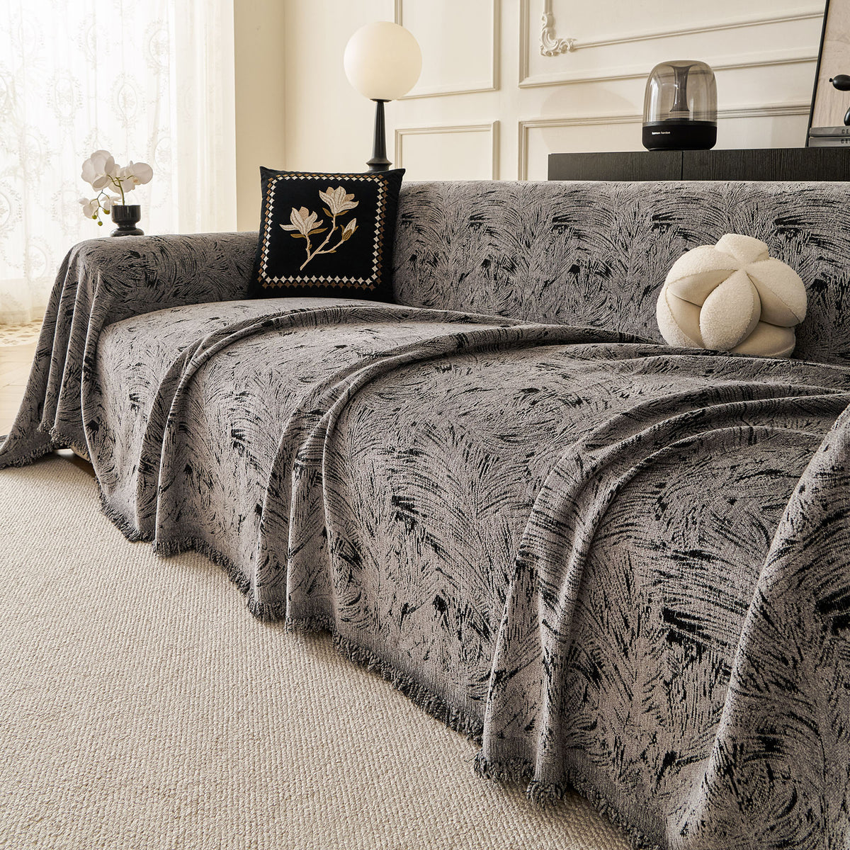 Abstract Feather Chenille Sofa Throw Cover, Decorative Washable Durable Couch Cover