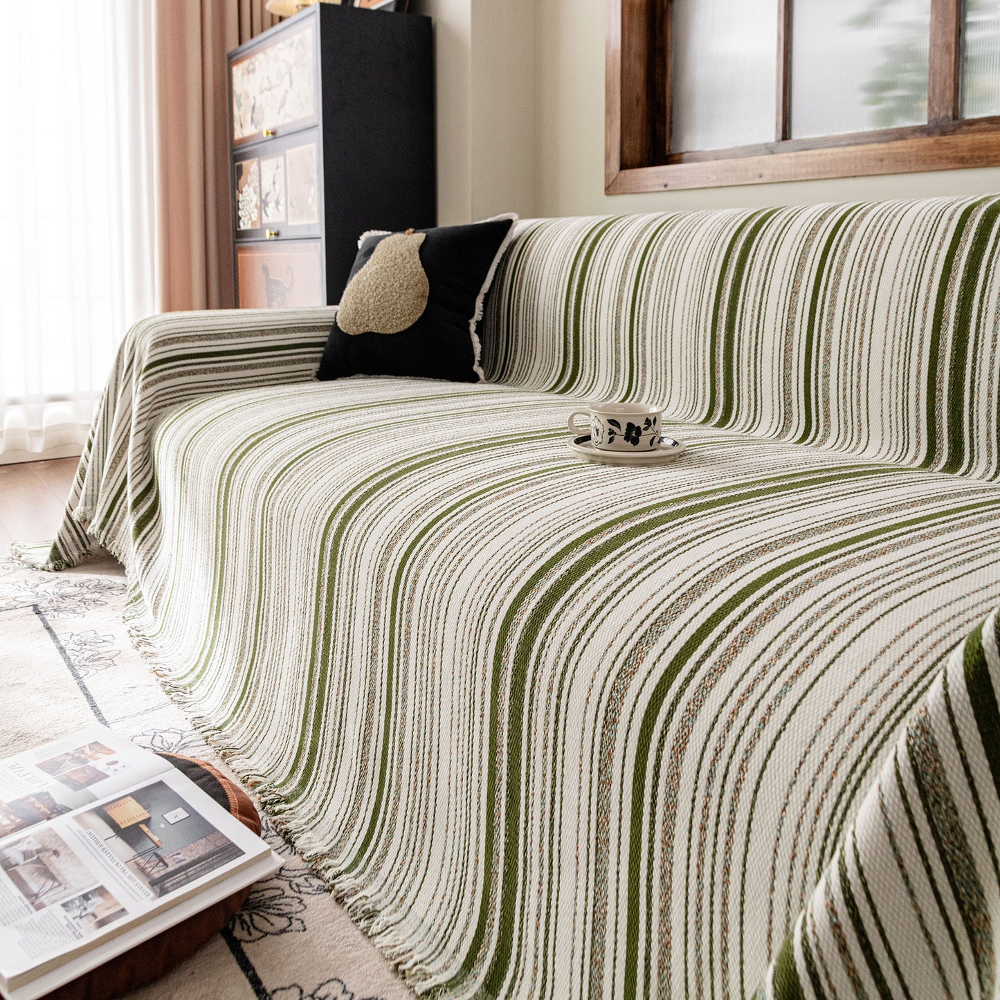 Luxury Cozy Chenille Sofa Cover Throw, Elegant Striped Soft Textured Couch Blanket