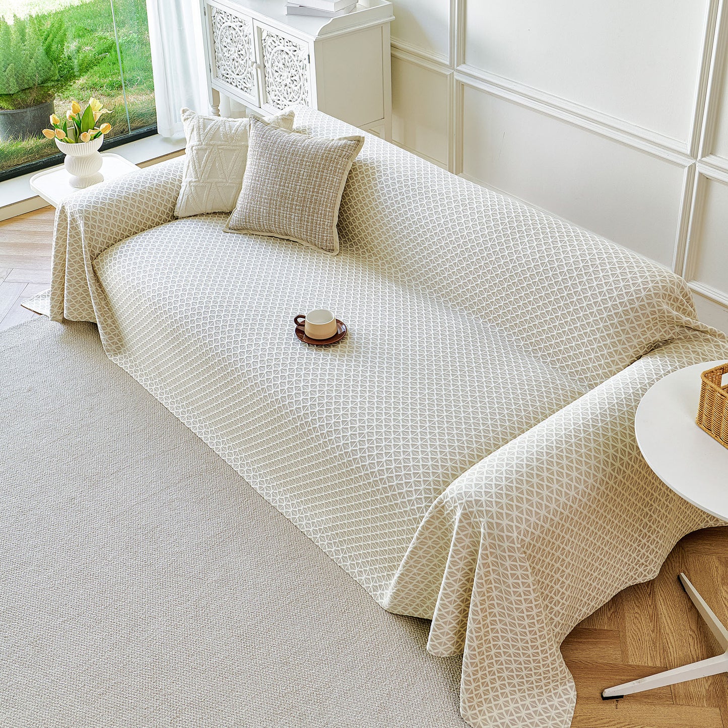 Fresh Geometric Sofa Throw Cover, Modern Textured Breathable Couch Protector Blanket
