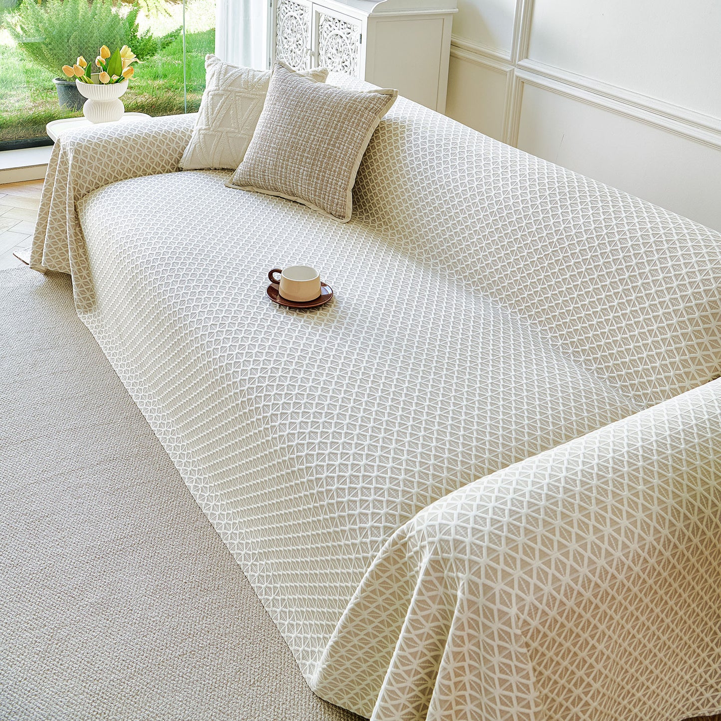 Fresh Geometric Sofa Throw Cover, Modern Textured Breathable Couch Protector Blanket