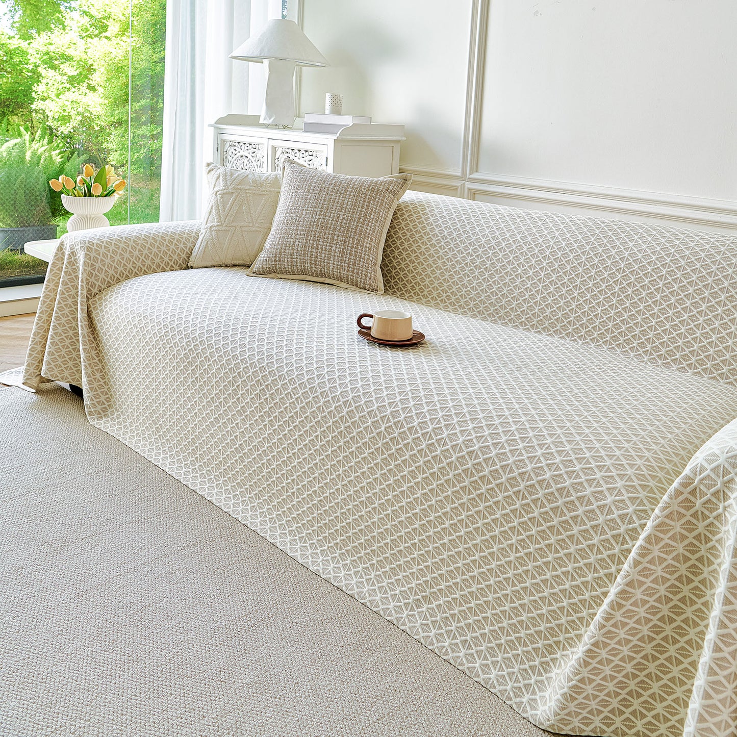 Fresh Geometric Sofa Throw Cover, Modern Textured Breathable Couch Protector Blanket
