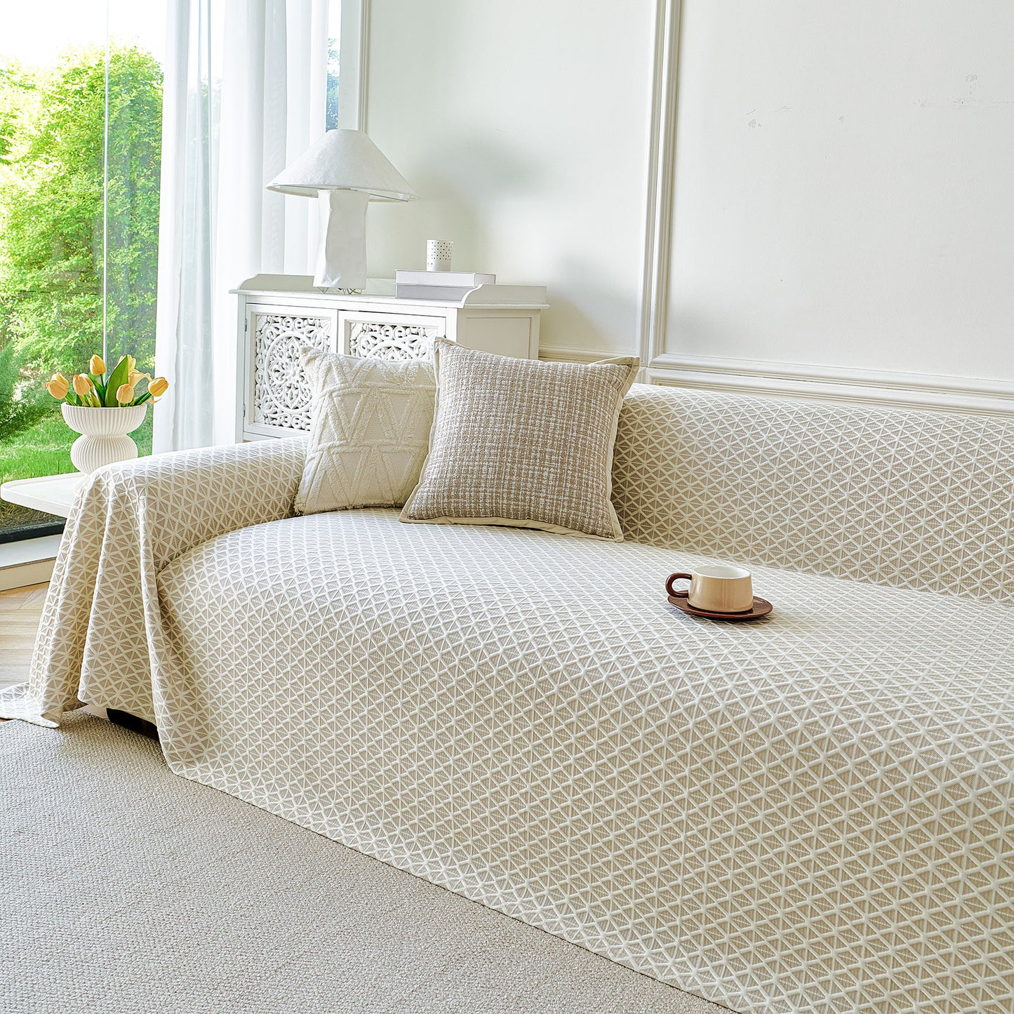Fresh Geometric Sofa Throw Cover, Modern Textured Breathable Couch Protector Blanket
