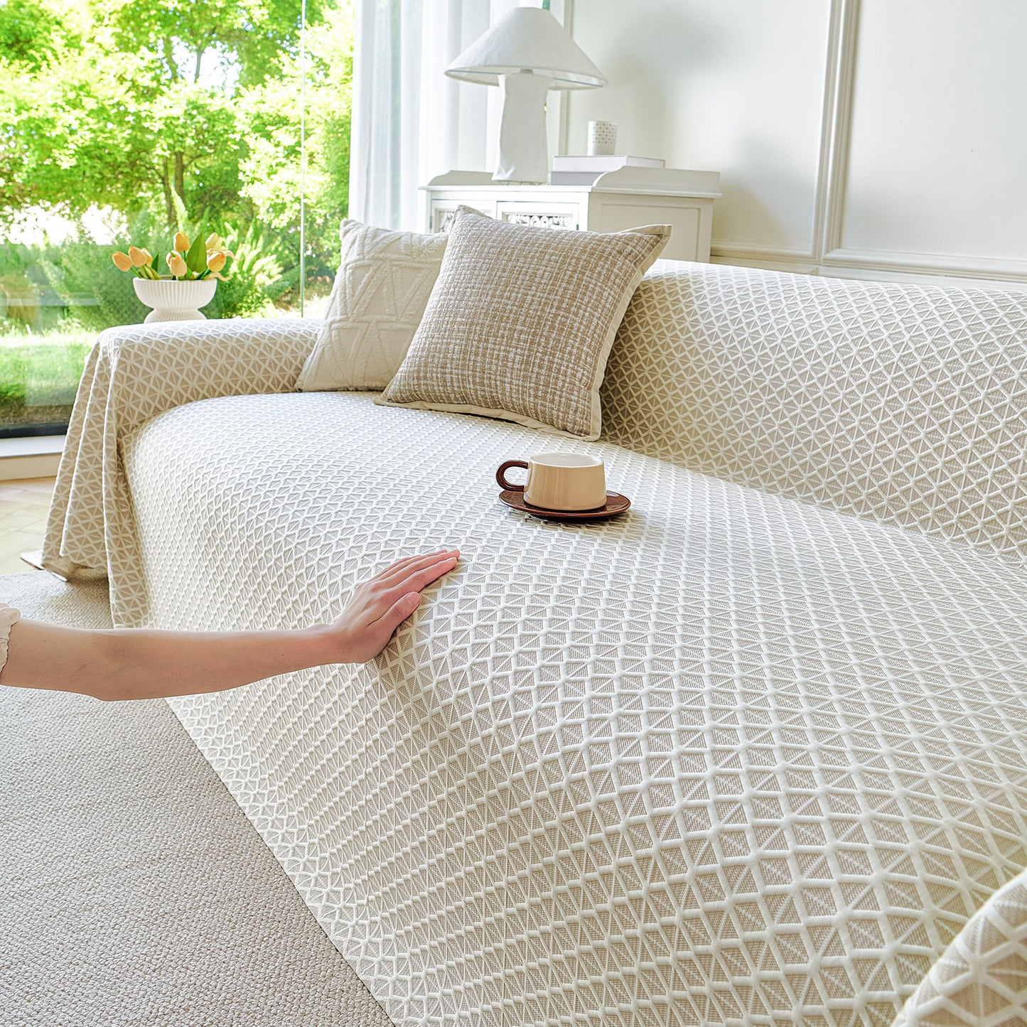Fresh Geometric Sofa Throw Cover, Modern Textured Breathable Couch Protector Blanket