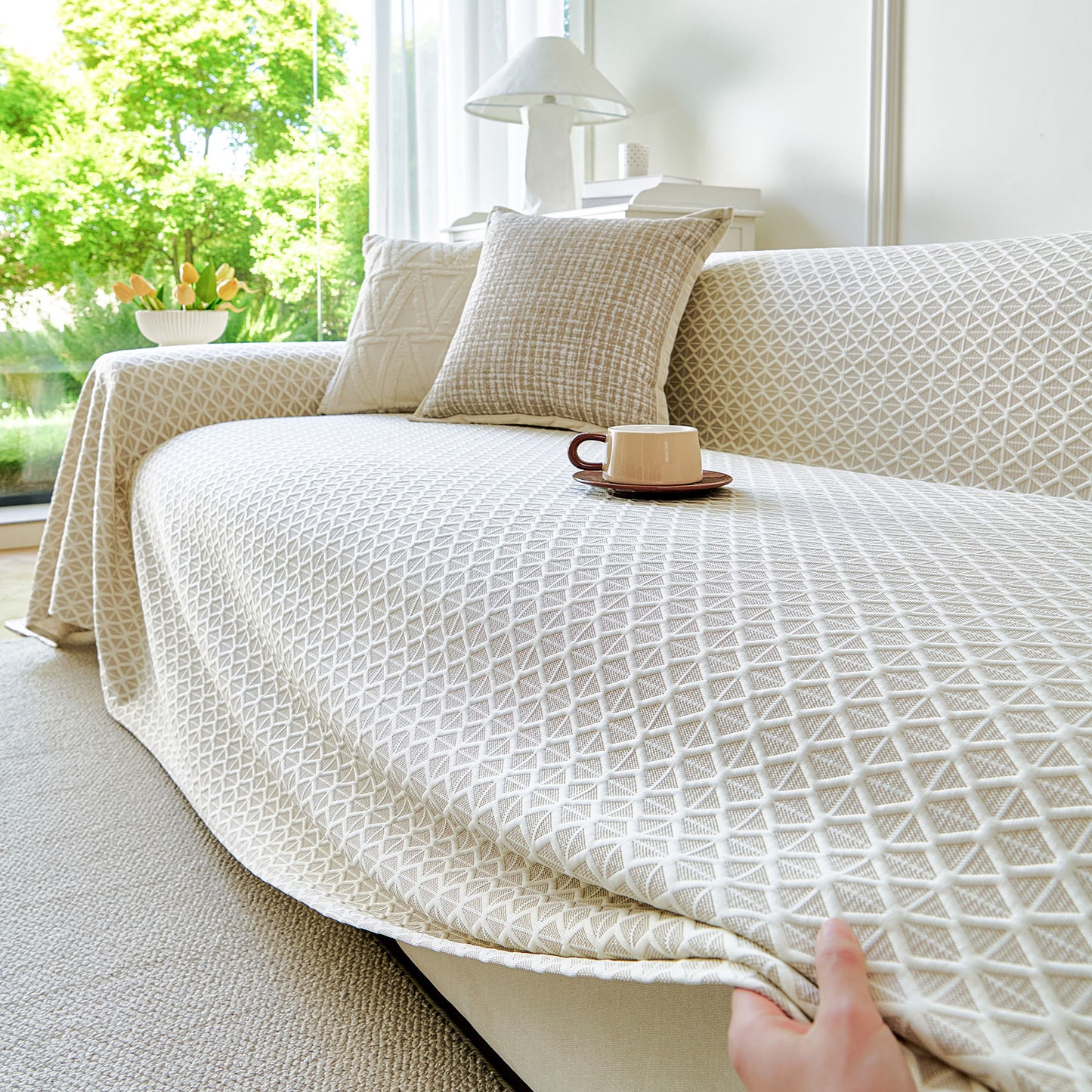Fresh Geometric Sofa Throw Cover, Modern Textured Breathable Couch Protector Blanket