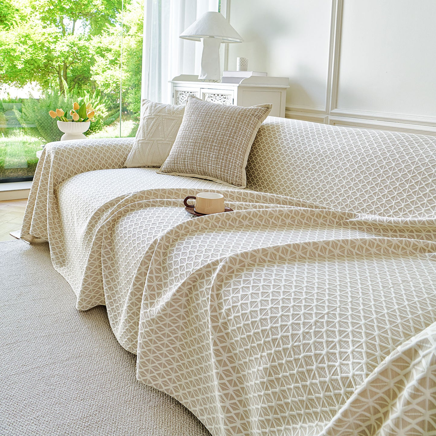 Fresh Geometric Sofa Throw Cover, Modern Textured Breathable Couch Protector Blanket