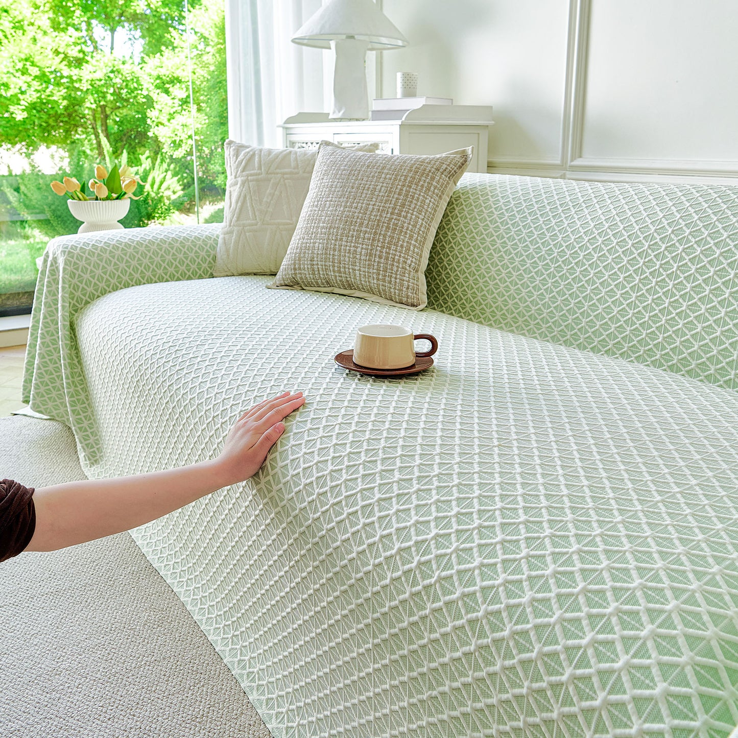 Fresh Geometric Sofa Throw Cover, Modern Textured Breathable Couch Protector Blanket