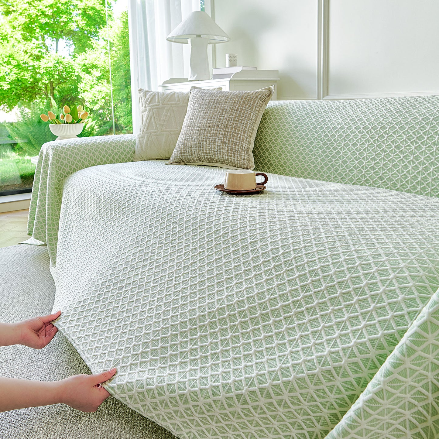 Fresh Geometric Sofa Throw Cover, Modern Textured Breathable Couch Protector Blanket