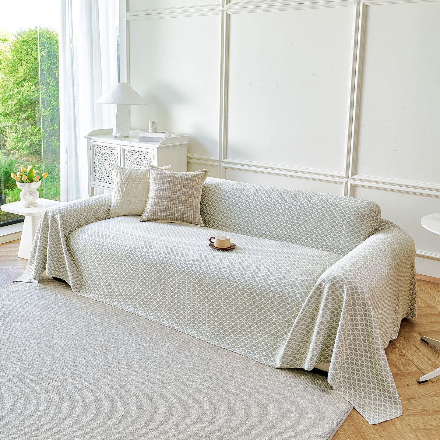 Fresh Geometric Sofa Throw Cover, Modern Textured Breathable Couch Protector Blanket