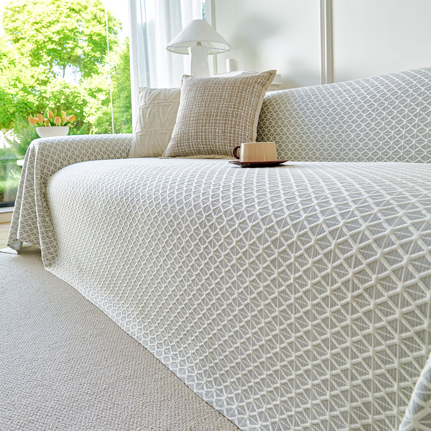 Fresh Geometric Sofa Throw Cover, Modern Textured Breathable Couch Protector Blanket