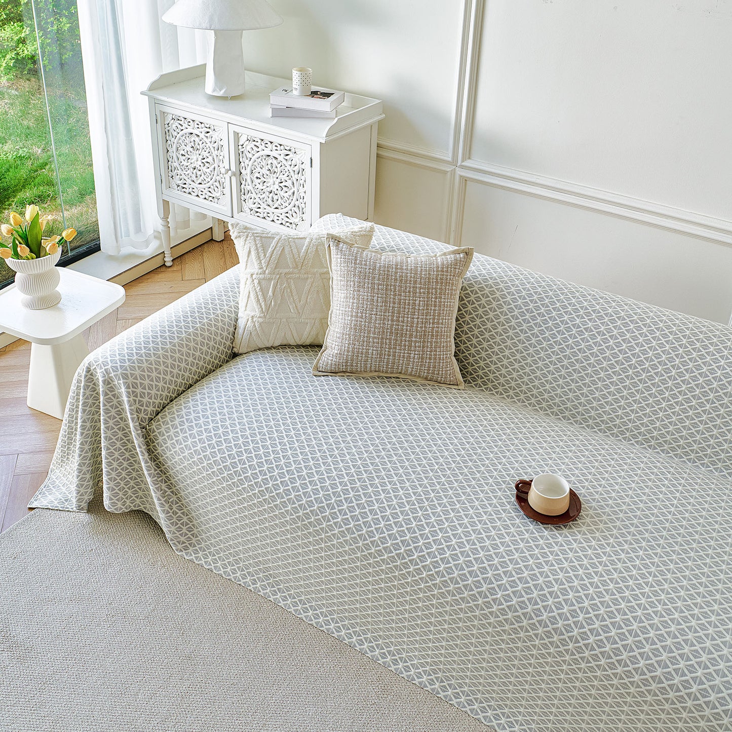 Fresh Geometric Sofa Throw Cover, Modern Textured Breathable Couch Protector Blanket