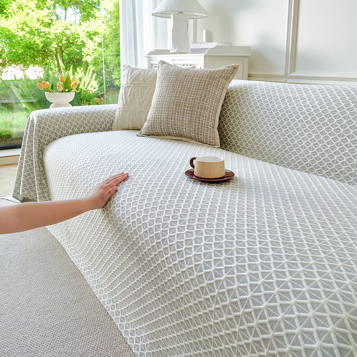 Fresh Geometric Sofa Throw Cover, Modern Textured Breathable Couch Protector Blanket