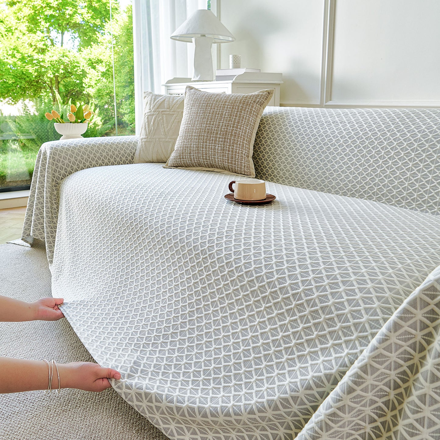 Fresh Geometric Sofa Throw Cover, Modern Textured Breathable Couch Protector Blanket