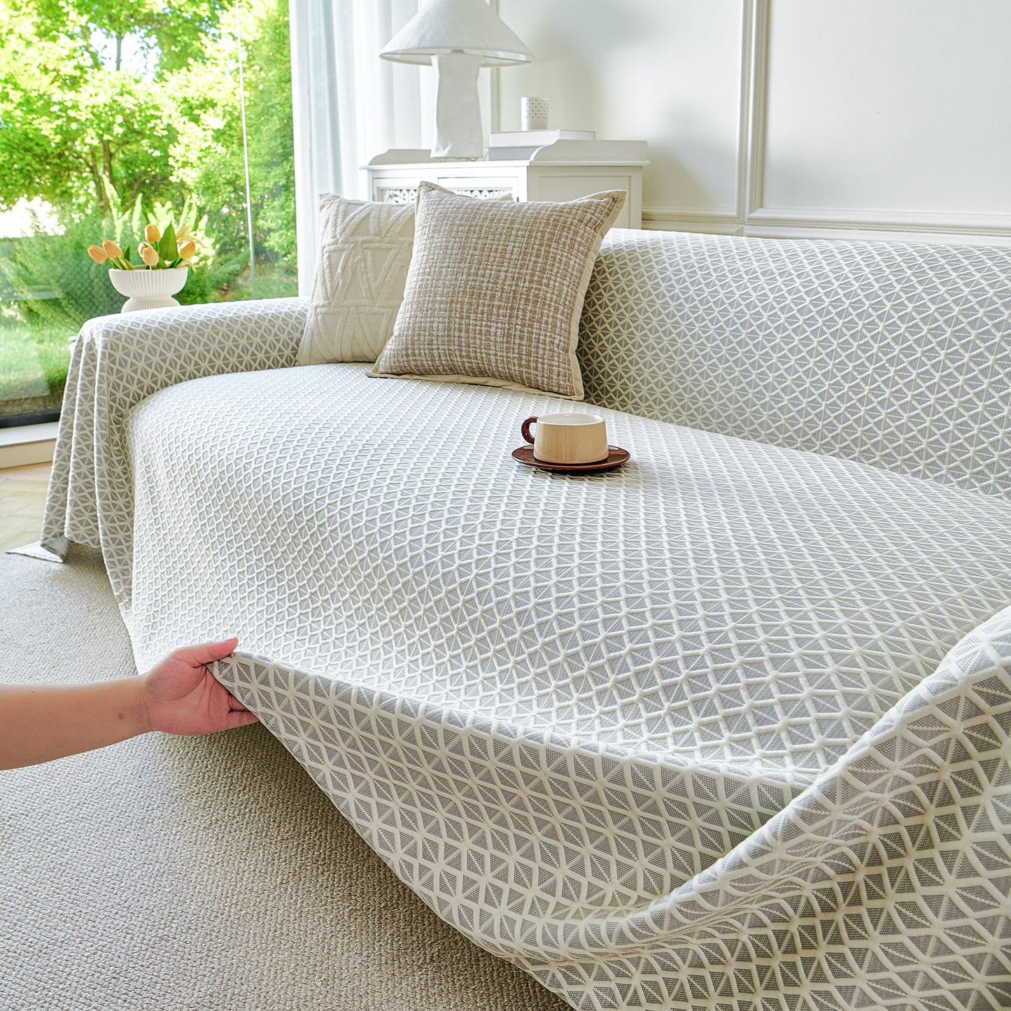 Fresh Geometric Sofa Throw Cover, Modern Textured Breathable Couch Protector Blanket