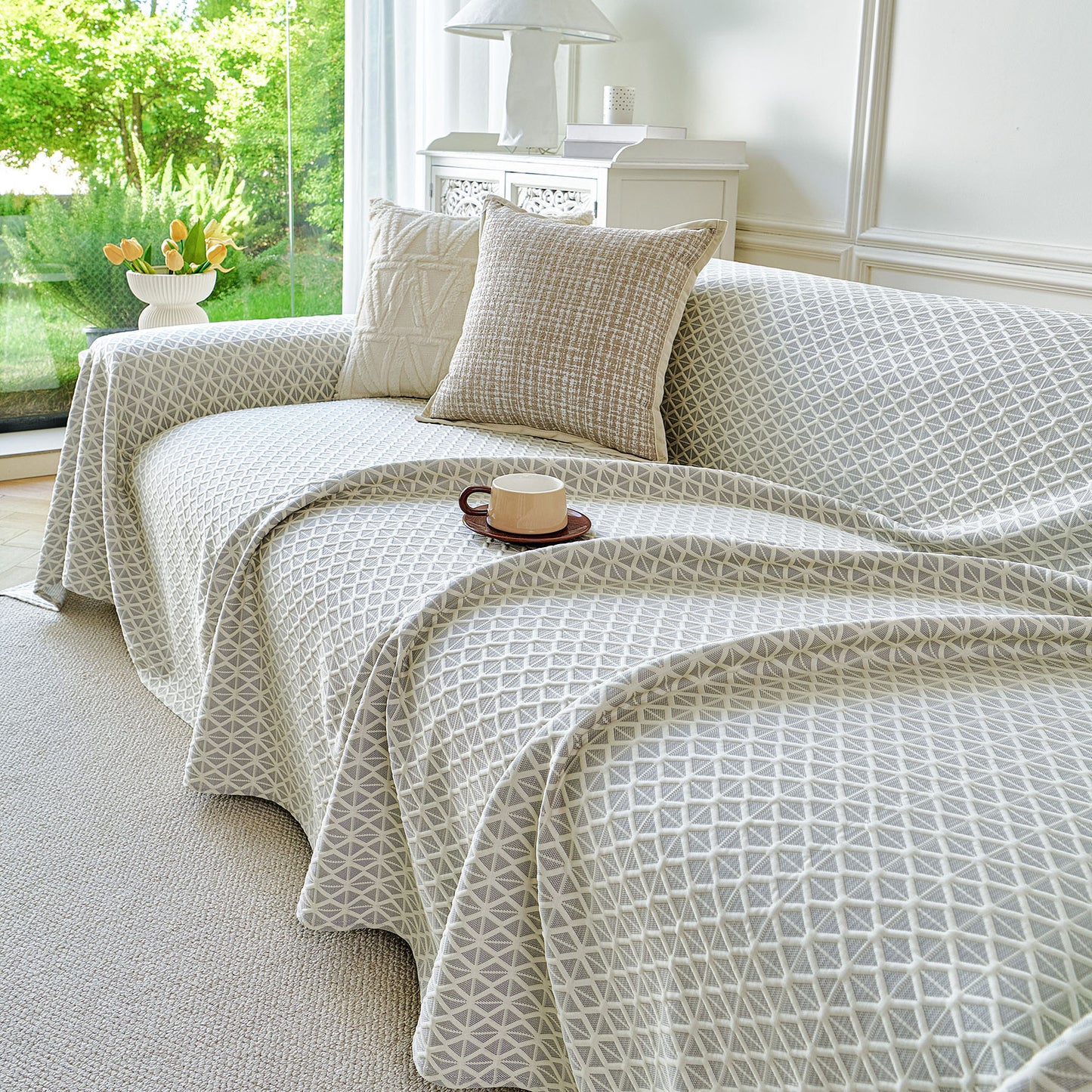 Fresh Geometric Sofa Throw Cover, Modern Textured Breathable Couch Protector Blanket