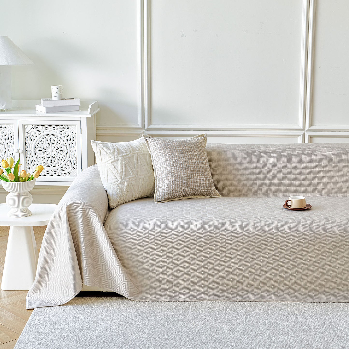 Cooling Ice Silk Soft Sofa Cover Blanket, Woven Geometric Textured Modern Couch Cover
