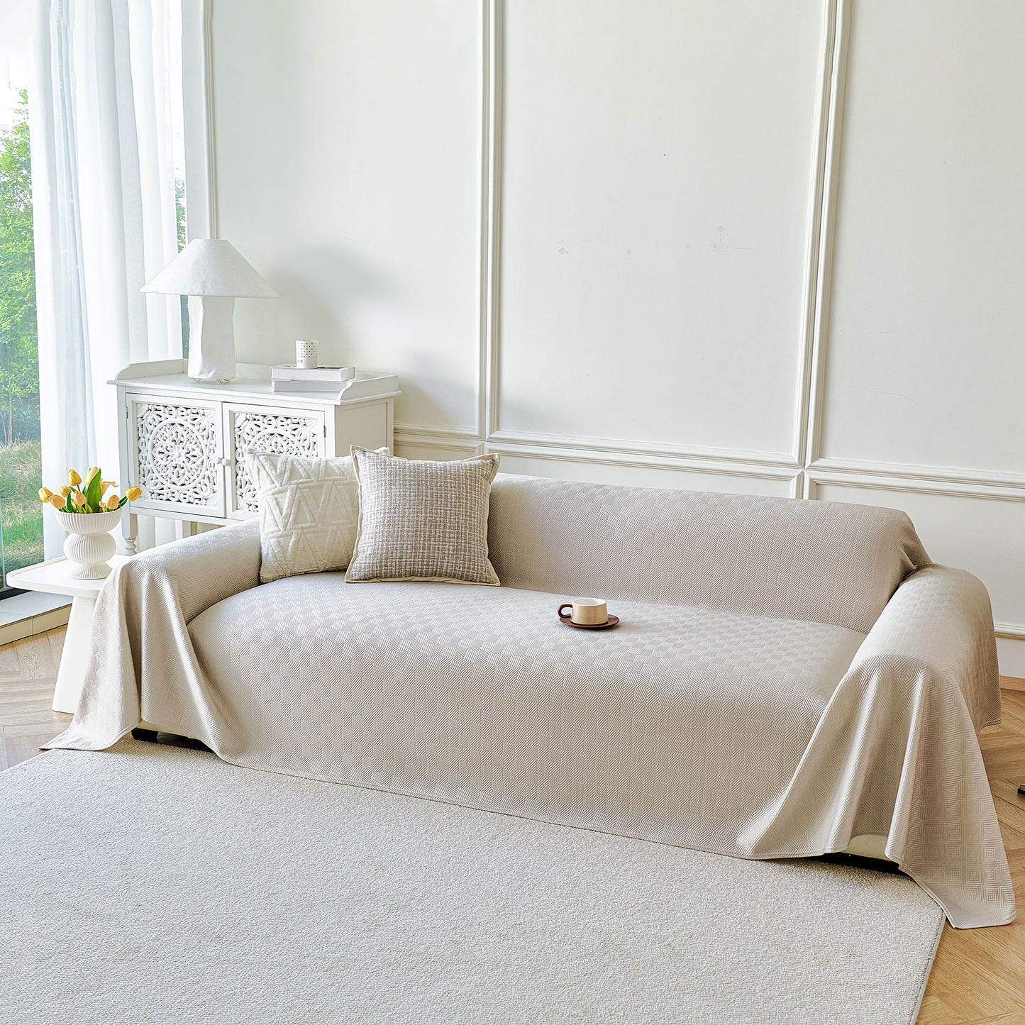 Cooling Ice Silk Soft Sofa Cover Blanket, Woven Geometric Textured Modern Couch Cover