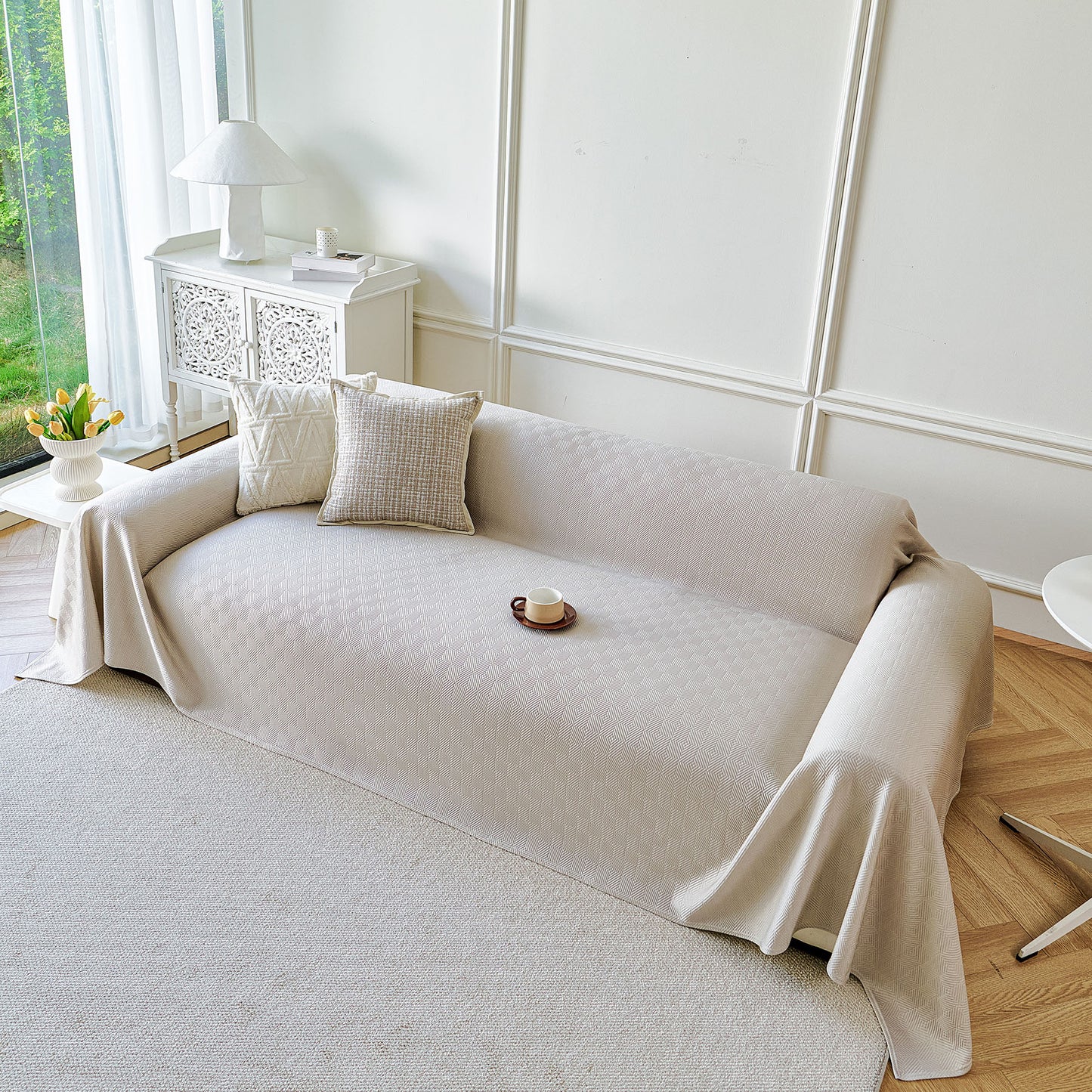 Cooling Ice Silk Soft Sofa Cover Blanket, Woven Geometric Textured Modern Couch Cover
