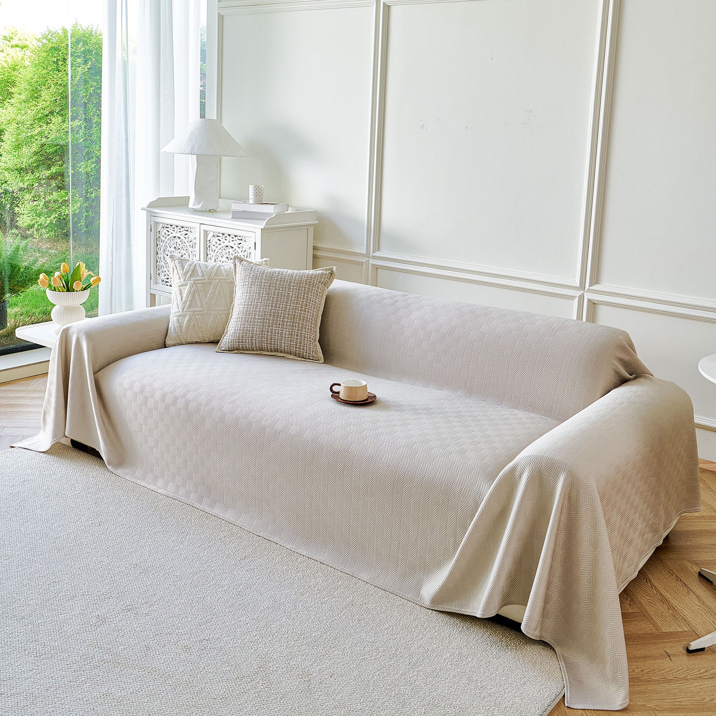 Cooling Ice Silk Soft Sofa Cover Blanket, Woven Geometric Textured Modern Couch Cover