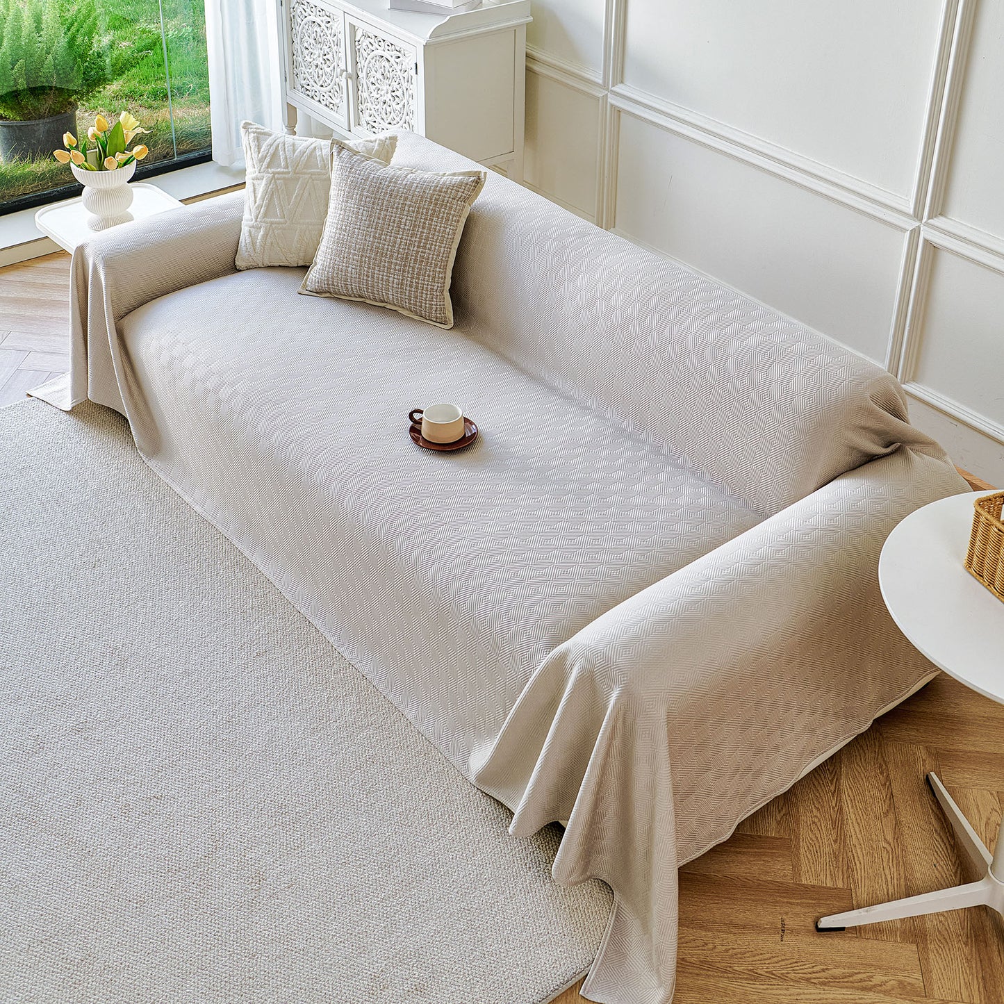 Cooling Ice Silk Soft Sofa Cover Blanket, Woven Geometric Textured Modern Couch Cover