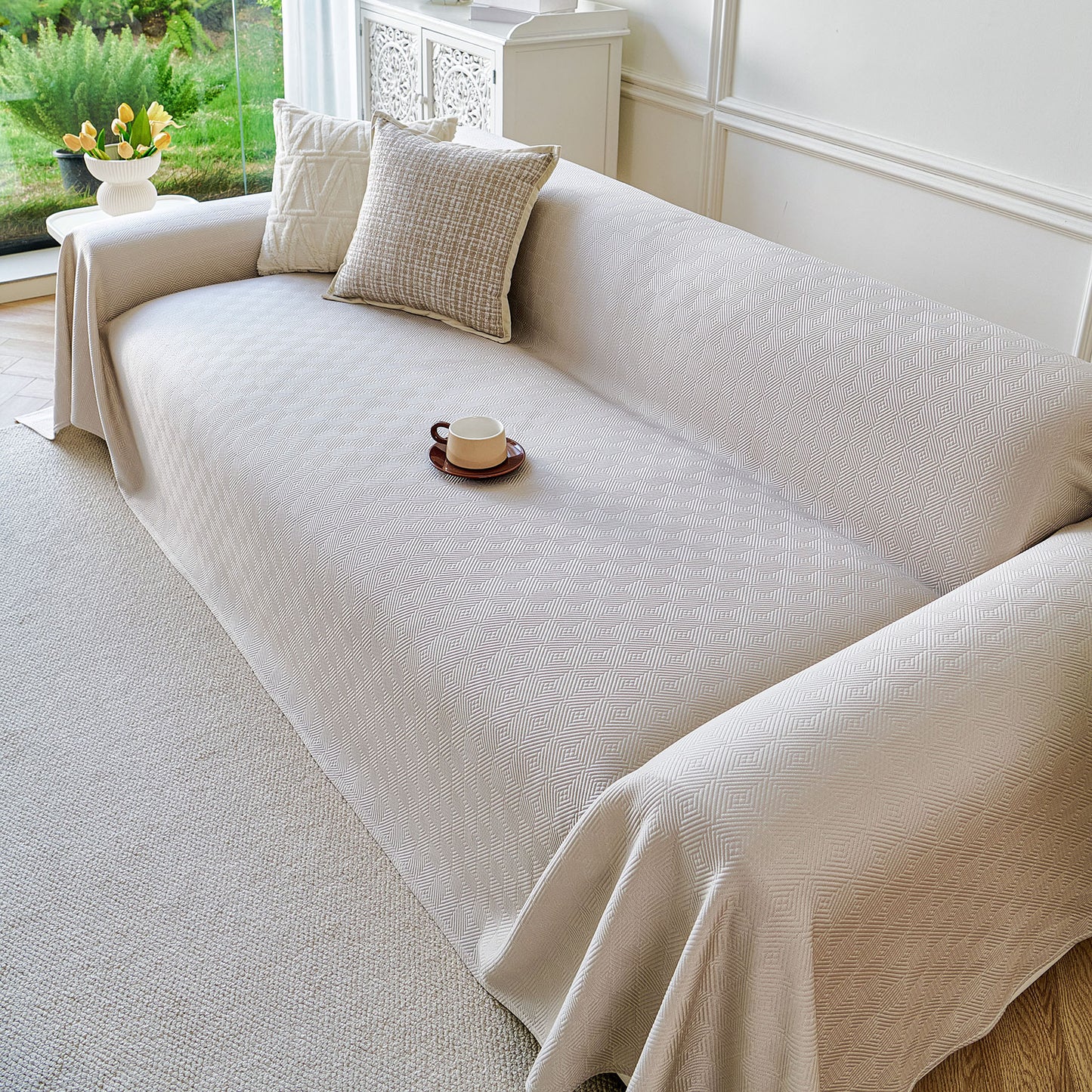 Cooling Ice Silk Soft Sofa Cover Blanket, Woven Geometric Textured Modern Couch Cover