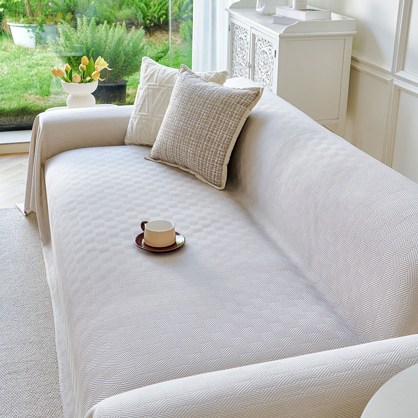 Cooling Ice Silk Soft Sofa Cover Blanket, Woven Geometric Textured Modern Couch Cover