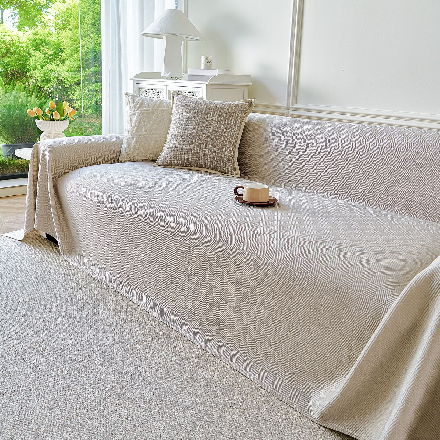 Cooling Ice Silk Soft Sofa Cover Blanket, Woven Geometric Textured Modern Couch Cover