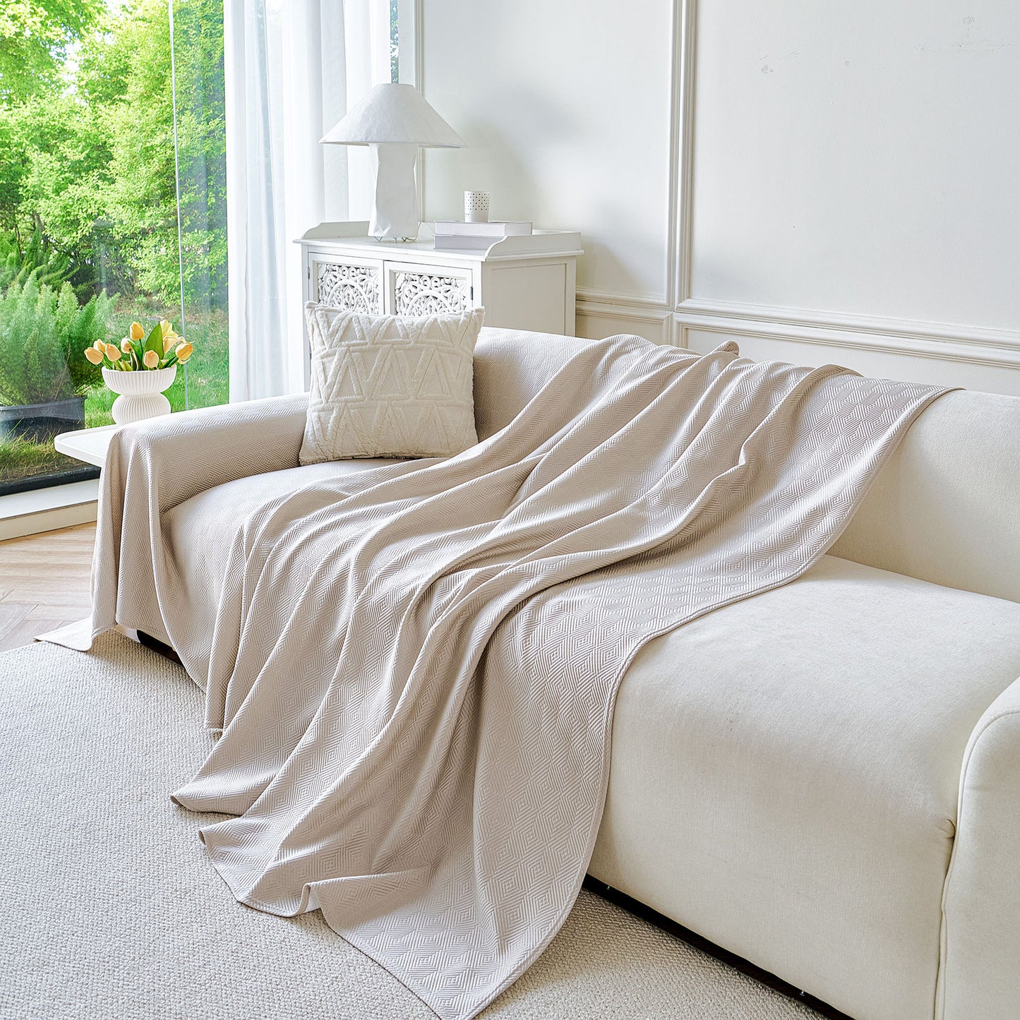 Cooling Ice Silk Soft Sofa Cover Blanket, Woven Geometric Textured Modern Couch Cover