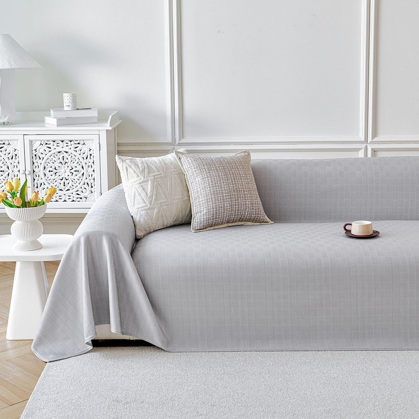 Cooling Ice Silk Soft Sofa Cover Blanket, Woven Geometric Textured Modern Couch Cover