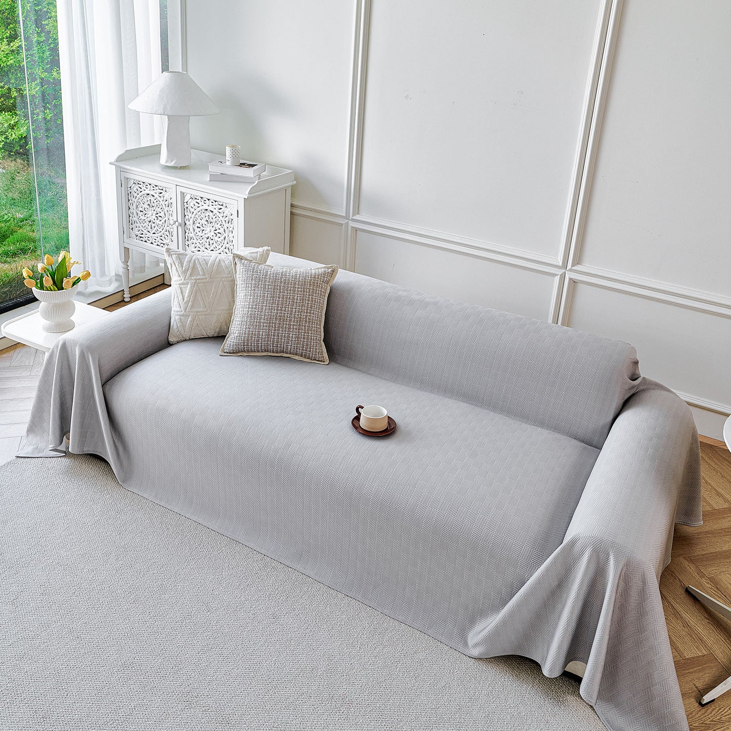 Cooling Ice Silk Soft Sofa Cover Blanket, Woven Geometric Textured Modern Couch Cover