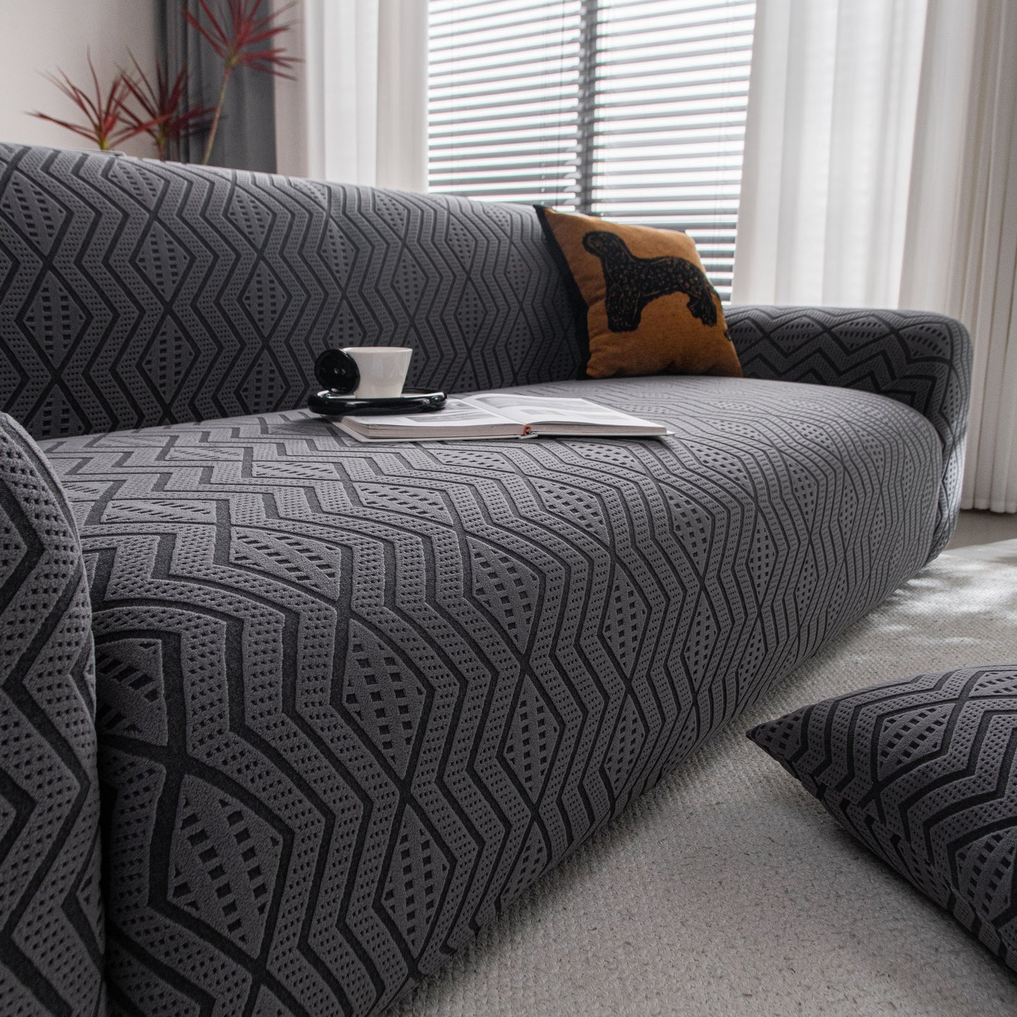 Modern Geometric Jacquard Sofa Slipcover, High Stretch 1-Piece Textured Couch Cover